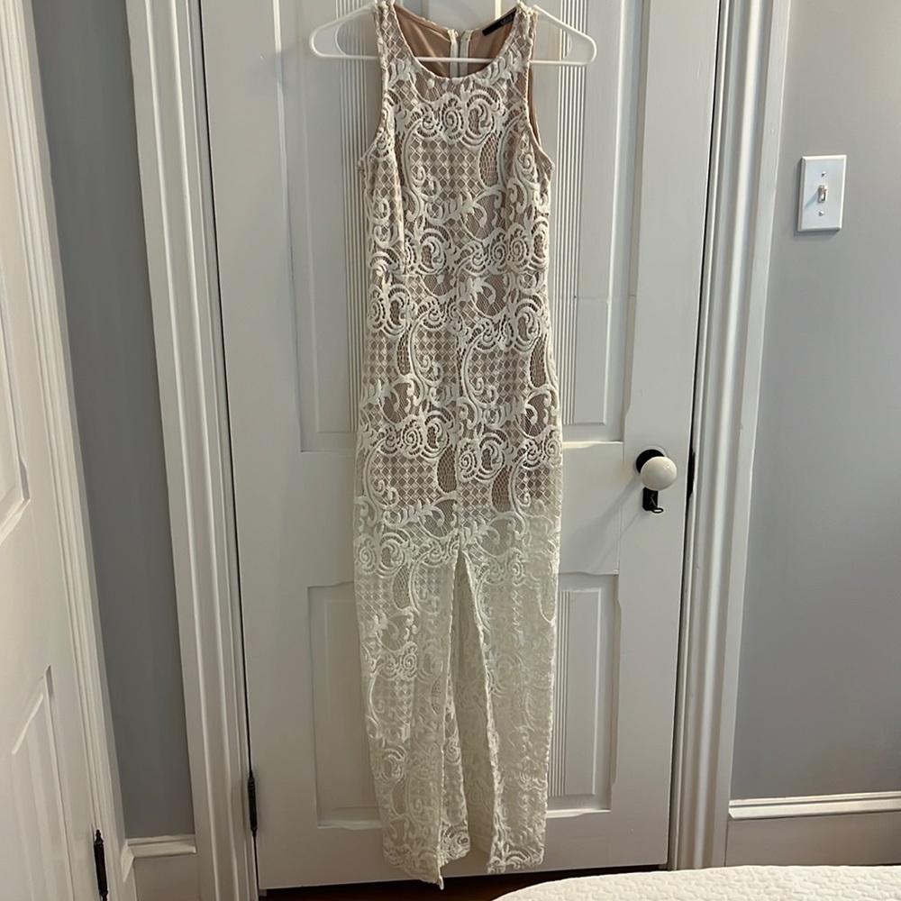 Lulu’s White Crochet Lace Dress with Front Slit